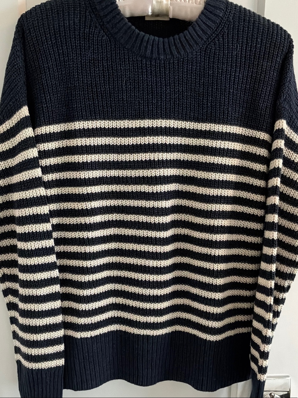 Faherty Navy and Cream Striped Crewneck Sweater